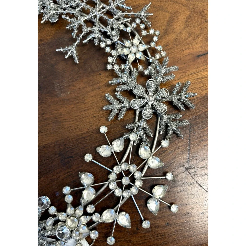 Pottery Barn Jeweled Wreath Silver Metal Snowflake Crystal Christmas 17